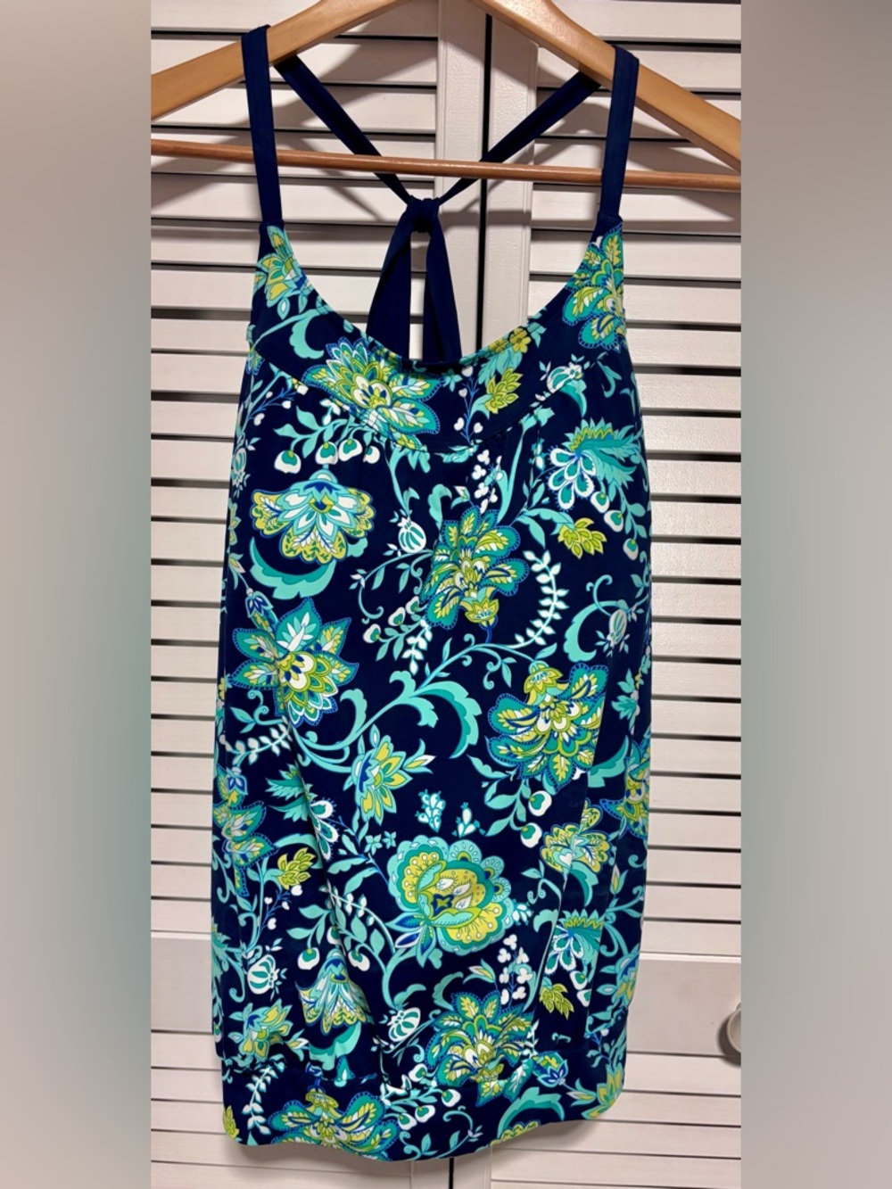 Lands' End Navy Floral Tankini Top Swimsuit with Turquoise & Lime Accents